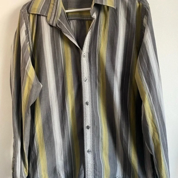 Kenneth Cole - Grey Yellow Vertical Striped Button Down Shirt - Picture 2 of 5